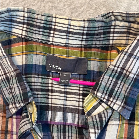 Vince Men’s Cotton Linen Plaid Button Front Shirt Purple Green Size XL READ - Picture 7 of 14